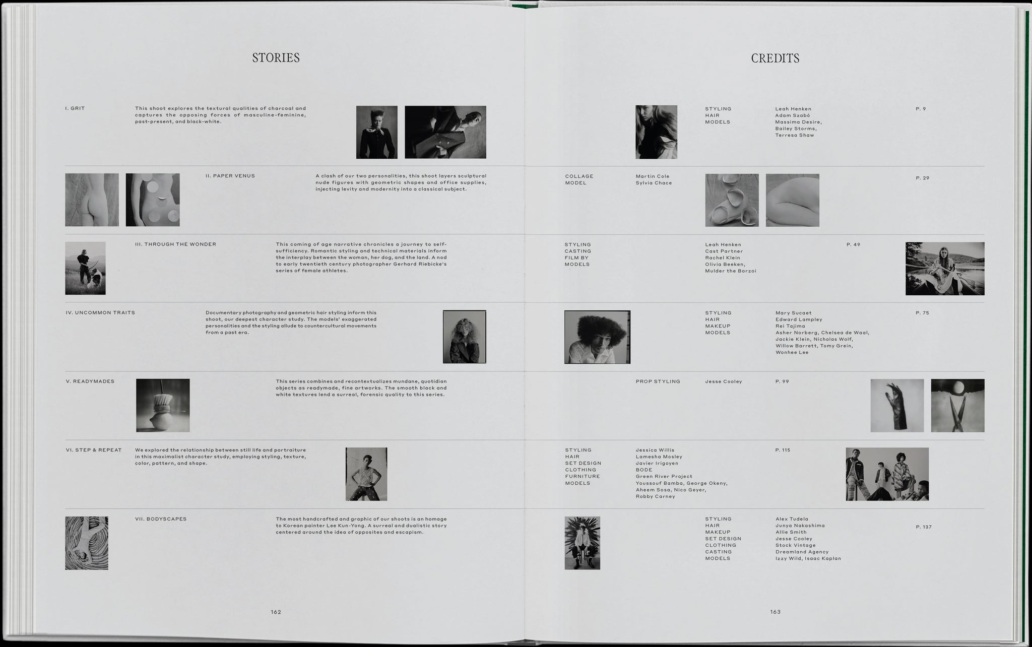 Book layout. Left: Descriptions of every chapter in the book. Right: Credits for all the team members who took part in the image making.