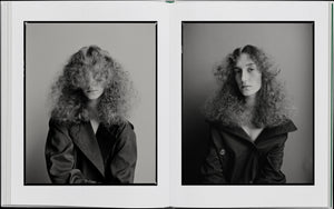 Book layout. Left: Black and white portrait of a girl in a coat with her curly hair covering her eyes. Right: Portrait of the same girl with her bangs moved to the side.
